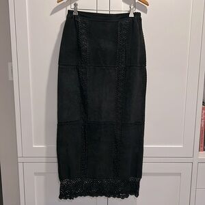 Krochetta Long Maxi Suede Leather Crochet Black Back zipper Elastic Skirt Small